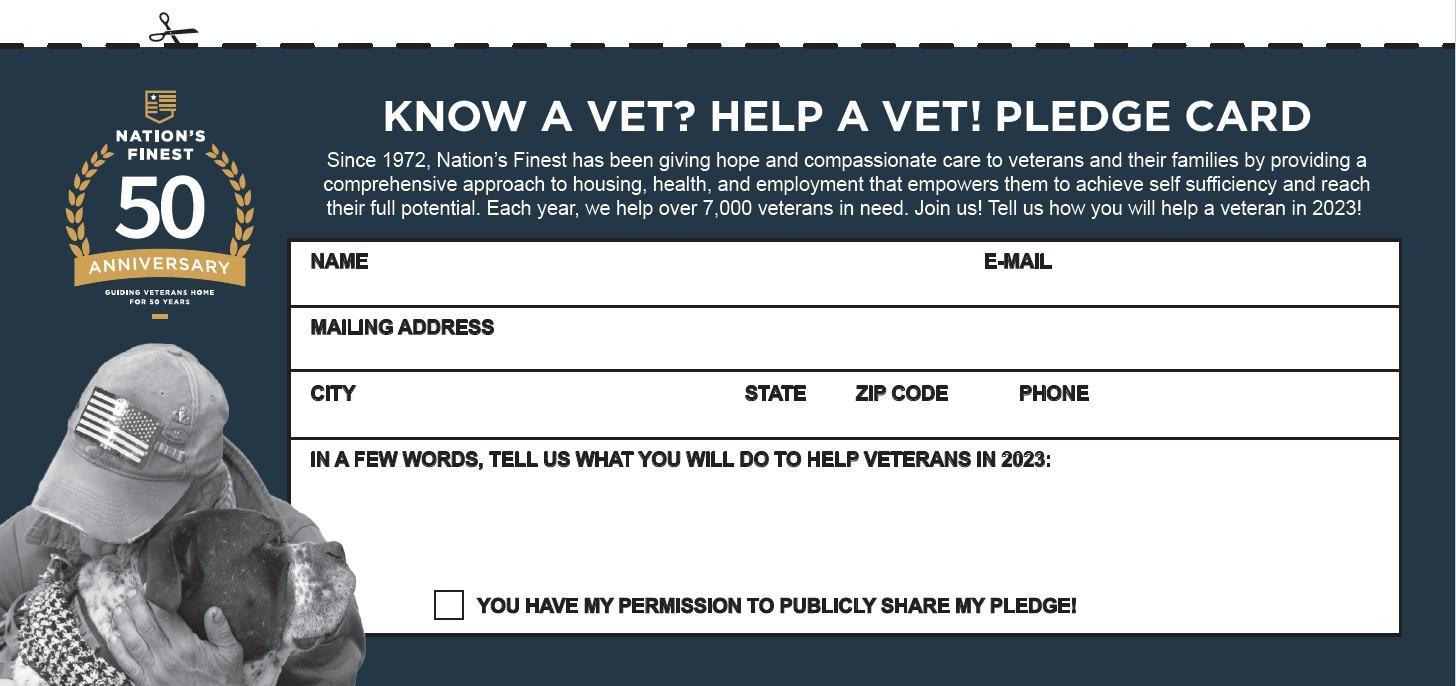 Back side of Nation's Finest Know a Vet Help a Vet pledge card