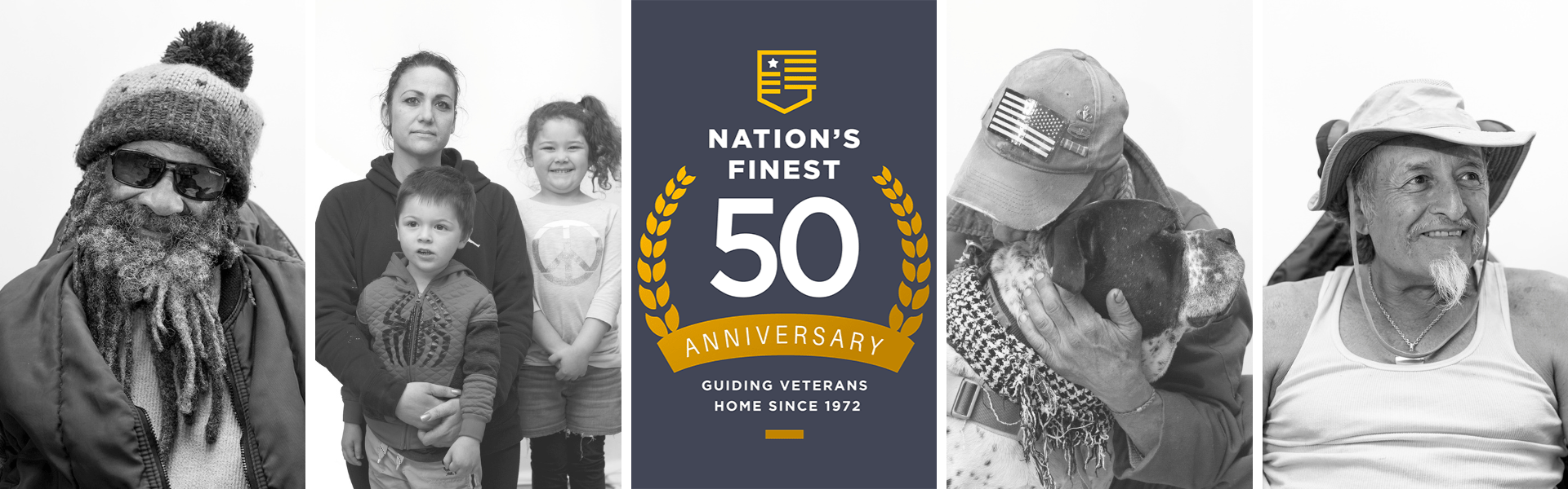 Nation's Finest 50th Anniversary logos with black and white veteran photos