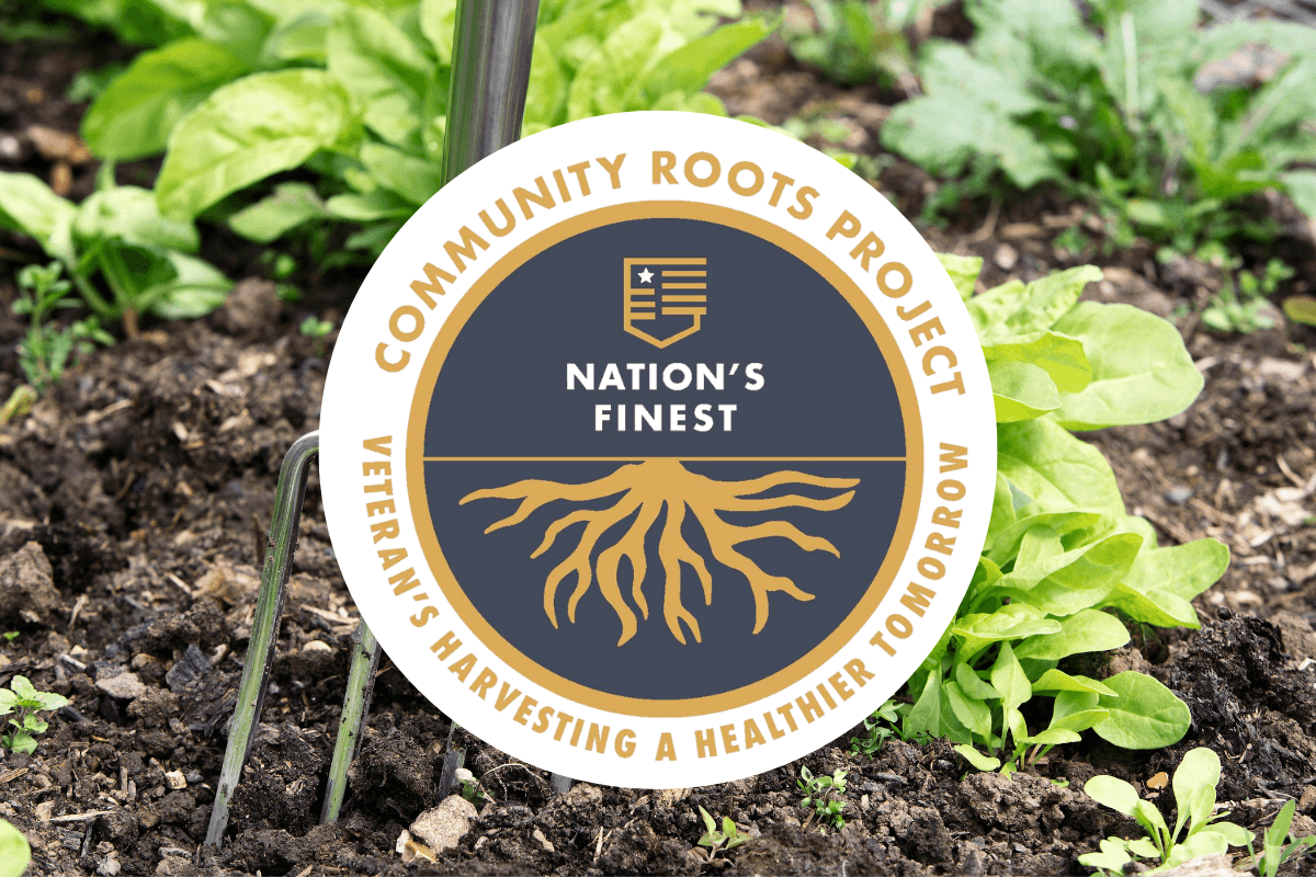Community Roots Project logo on garden background