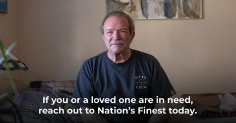 Veteran Mental Health. Veteran sitting on bed with text overlayed on the image: If you or a loved one are in need, reach out to Nation's Finest today.